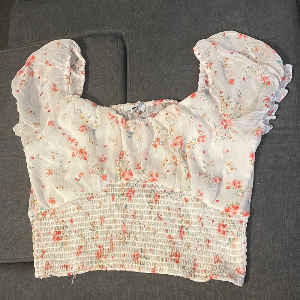 Floral Cottagecore Smocked Crop Top | Puff Sleeve Coquette Top | Size L